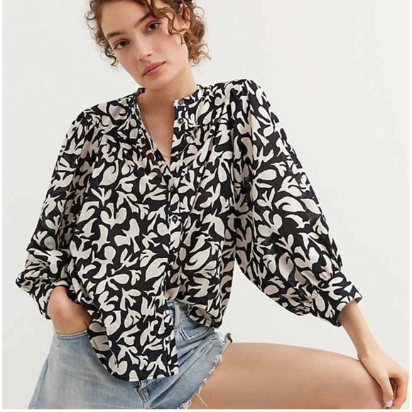 Anthropologie Tops - Danielle Knoll x Anthropologie Cotton Bird Print Puff Sleeve Blouse Size XS